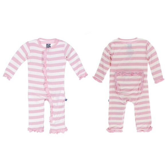 Kickee Pants | "Lotus Stripe" Classic Ruffle Coverall with Snaps | Size 12-18M - Picture 1 of 10